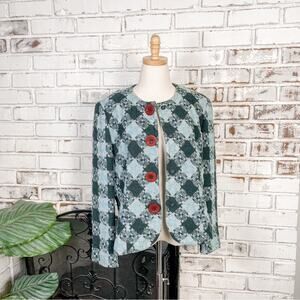 Vintage 60s Jackie Kennedy Inspired Green Blue Tweed Woven Plaid Blazer Jacket